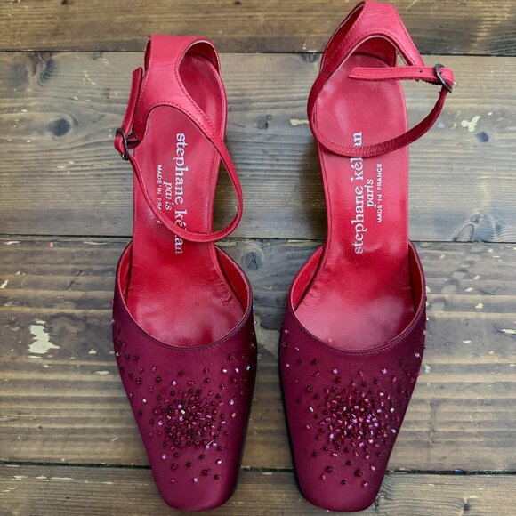 Stephanie Kelian Shoes - Stéphane Kélian Burgundy Suede Beaded Heels Size 4.5 Made in France New